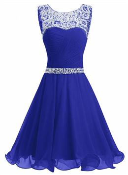 Picture of Pretty Beaded Chiffon Round Neckline Short Party Dresses, Blue Chiffon Homecoming Dress